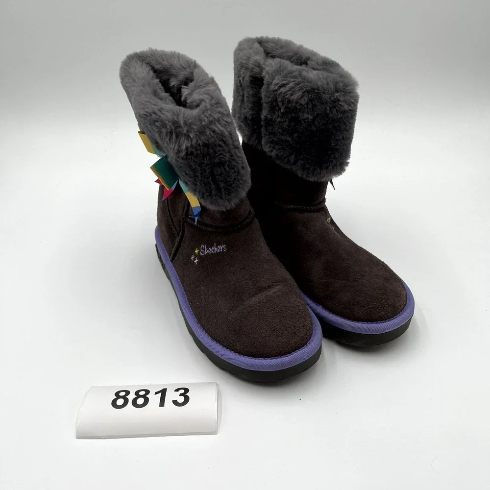 Skechers Winter Ankle Boots Girls 4 Dark Brown Suede Faux Fur Round Toe Side Zip